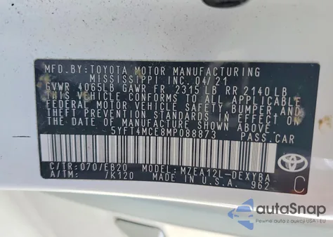 2021 Toyota Corolla Xse z USA, uszkodzony, nr VIN 5YFT4MCE8MP088873